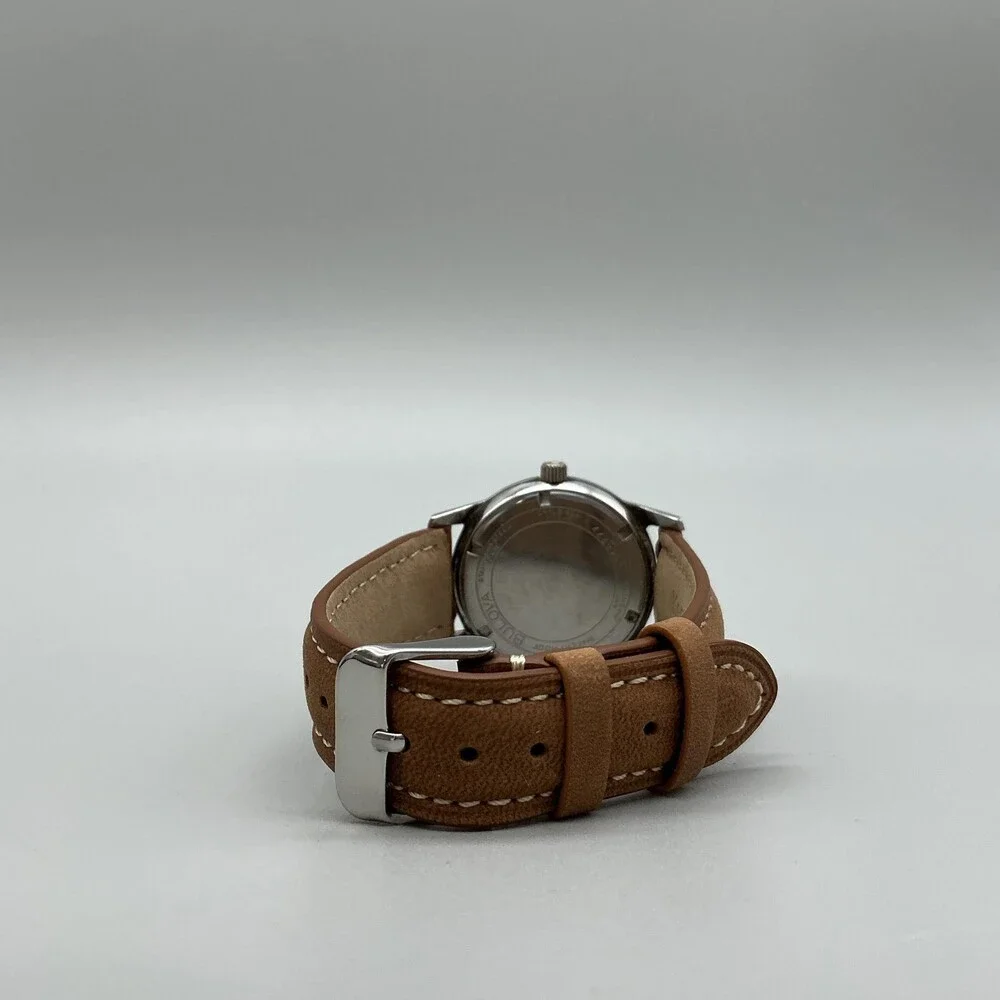 Vintage Bulova Mens Watch 32mm Black Dial Brown Leather Manual Wind Swiss 1966